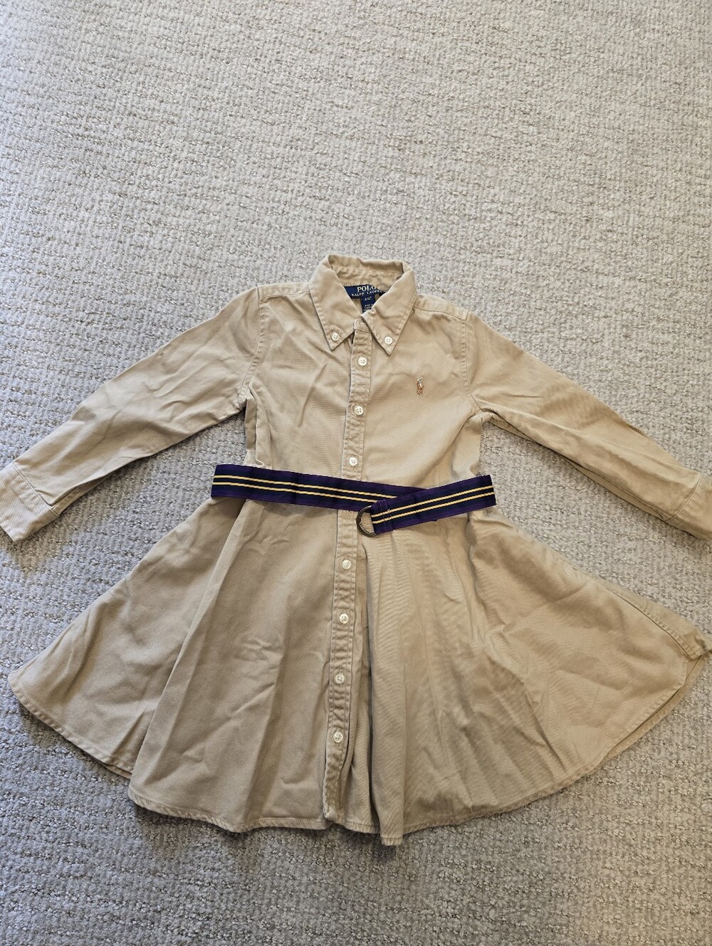 New Ralph Lauren Beige Button-Front Shirt Dress with Striped Belt